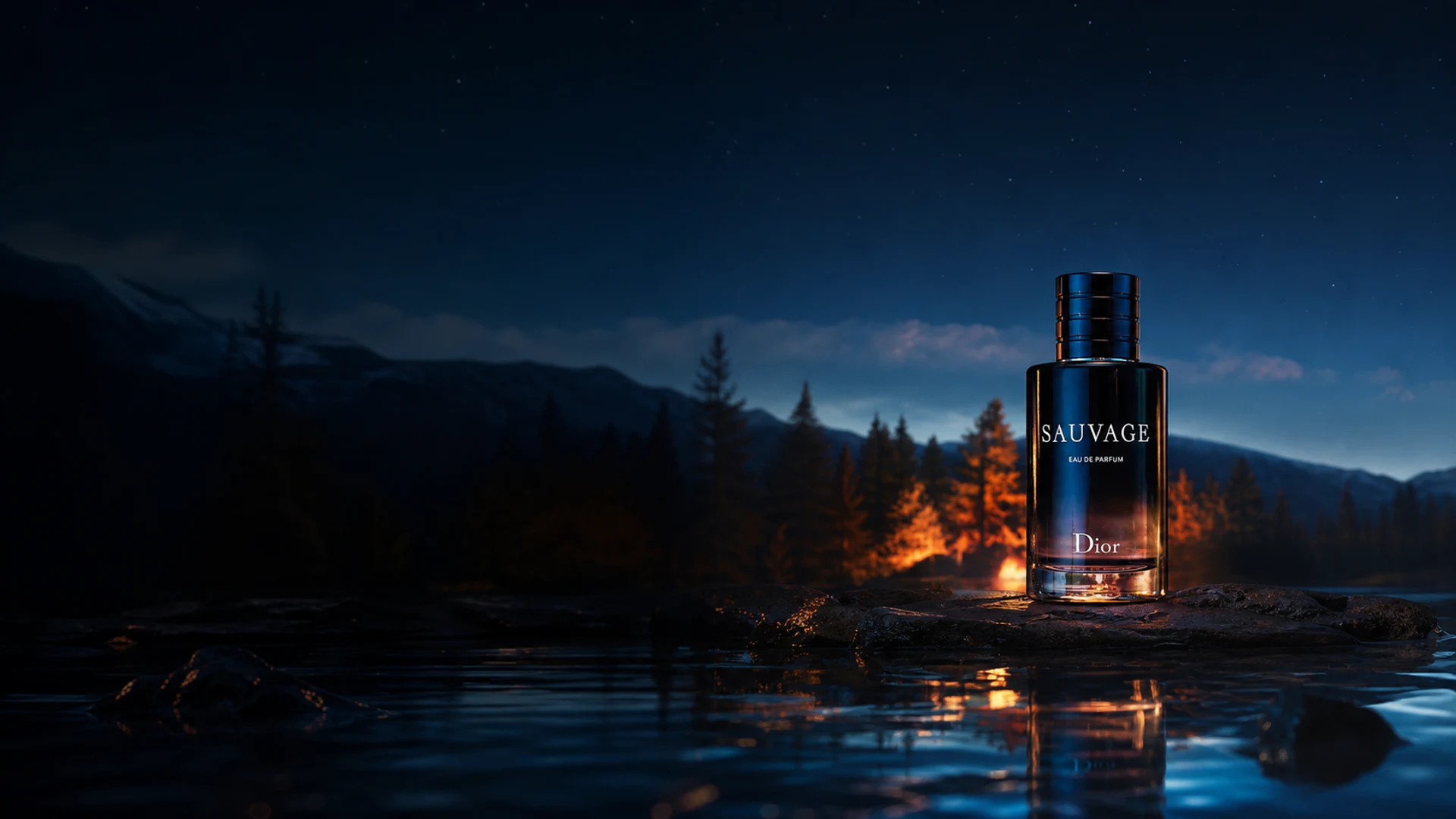 Dior Sauvage fragrance in a cinematic night landscape